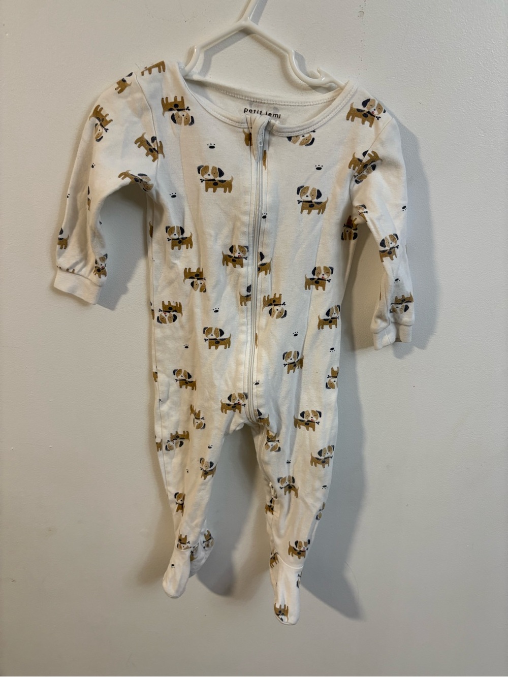 Petit Lem White Footed One-Piece with Tan Puppy Print 12 months